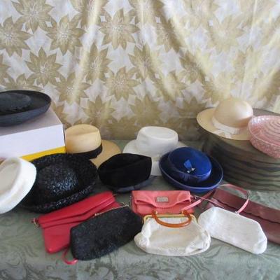Vintage hats and hat boxes with leather handbags