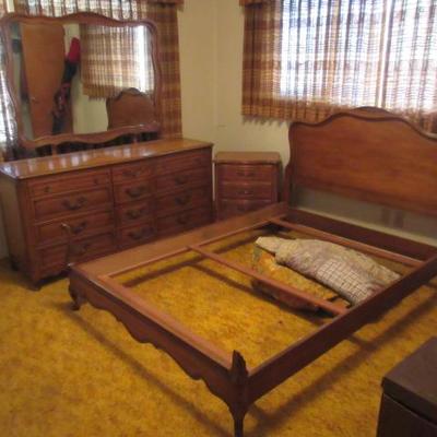 Vintage oak double bed frame, triple dresser with mirror and nightstand