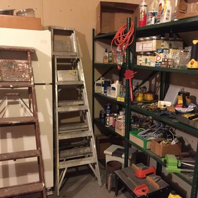 Garage: Ladders, Chemicals, Tools, Router Bench, Canning Jars and Lids (some new in box)