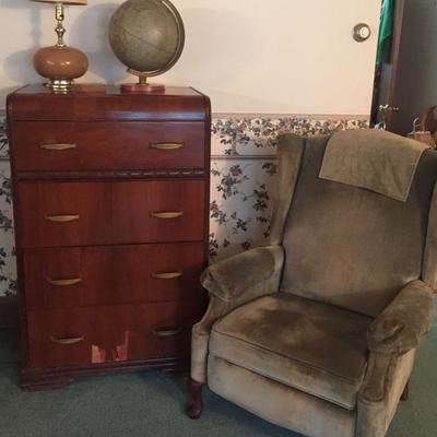 MCM Dresser, Lazy Boy Recliner (lays back all the way), Vintage Globe and Ceramic Lamp