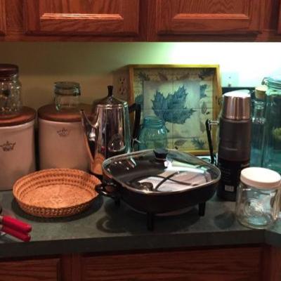 Vintage crock canisters, electric perk coffee pot, electric skillet, canister set, Nice Thermos (like new), Vintage Hand Painted Towel Rack