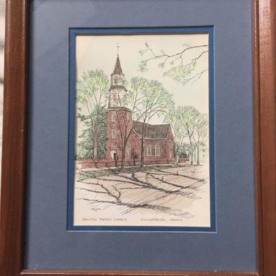 Sketch of Bruton Parish Church in Williamsburg, VA by Clark M. Goff, 1979