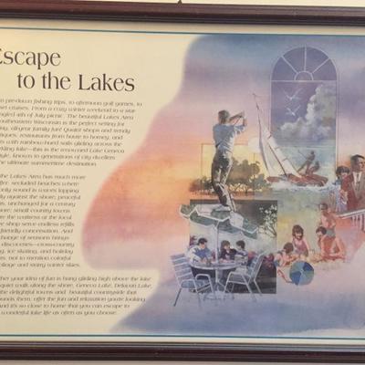 "Escape to the Lakes" Colorful print with story of coming to the Lake area including Geneva Lake and Delavan Lake.