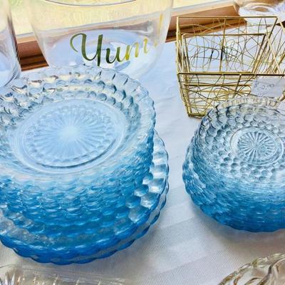 Sapphire Blue Bubble Depression Glass dish set. 