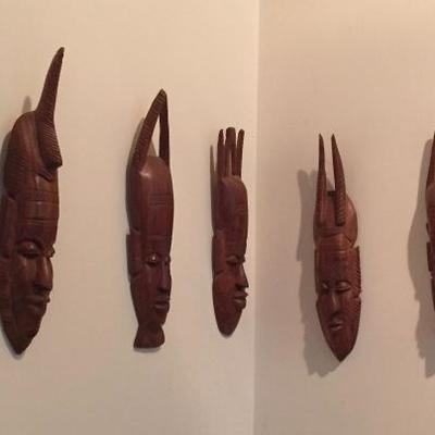 Set of (7) Carved Wood Masks wall hangings