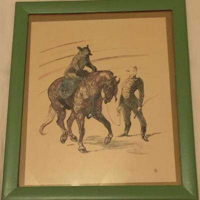 At the Circus "The Bear on Horseback" 1940s Framed Vintage Lithograph, Sketch by Henri de Toulouse-Lautrec