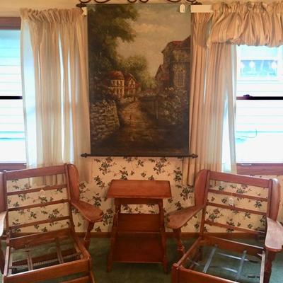 MCM Heywood Wakefield Maple Aristocraft Armchairs w/End Table, Large Hand Painted Tapestry/Wall hanging