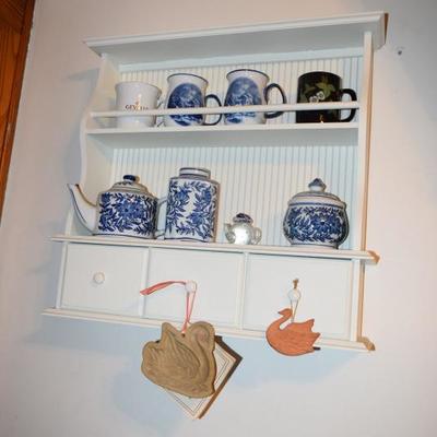 Display Shelf, Mugs, Teapot, & Jars