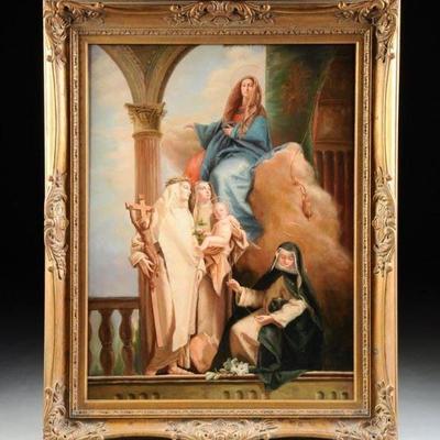 Gorgeous 19th Century Oil Painting | 48â€³ x 38â€³ | Italian School | Entitled â€œMadonna Enthroned with Saintsâ€ | Oil on Canvas |...