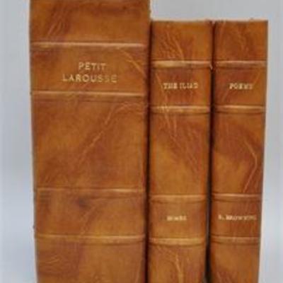 Set of 3 Antique Custom Leather Bound Classic Books â€“ The Iliad, Browning Poems, Petit Larousse