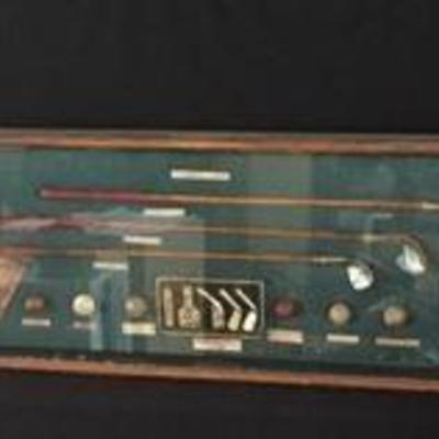 LARGE SHADOW BOX OF GOLF ITEMS
