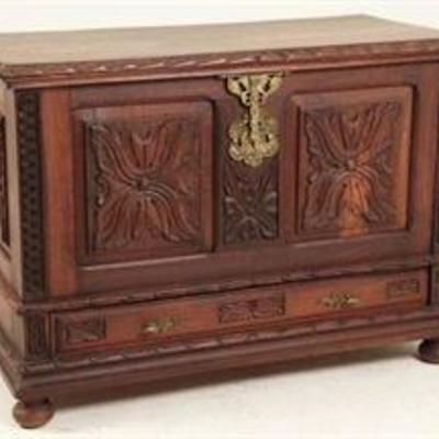 Antique 19th Century Hand Carved European Red Elm Lift Top Coffer

