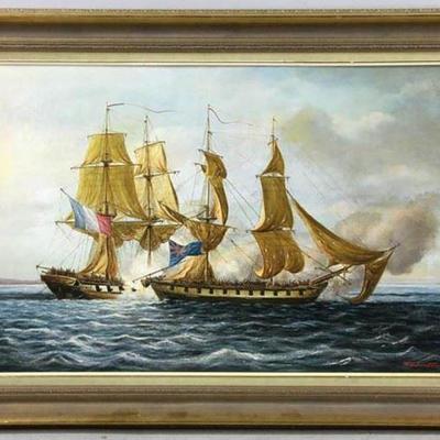 English Marine Oil Painting by popular and well listed English artist Duran FAINÃ‰ (XX) | Entitled â€œTwo Brigs Fightingâ€ | Oil on...