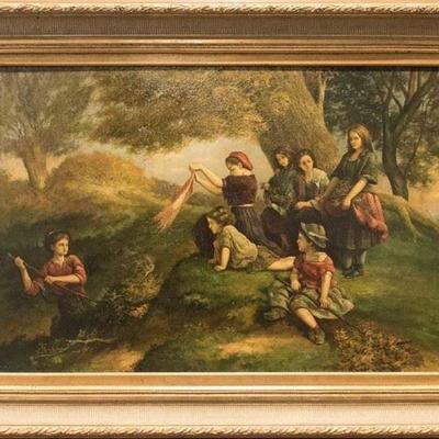 19th Century Oil painting by David Jacobsen - Landscape Scene with Children Playing
