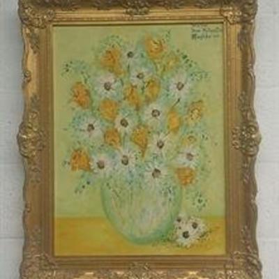 Impressionism painting oil on canvas of a vase of daisies