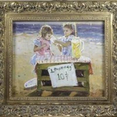 Delightful Original Oil Painting of Childrenâ€™s Lemonade Stand on the Beach with the Ocean in the Background | Oil on Canvas | American...
