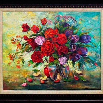Large oil on canvas still life of a bouquet of various flowers