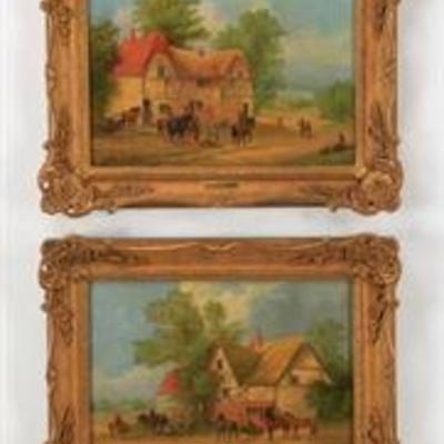 Set of two oil painting of cottage with horses
