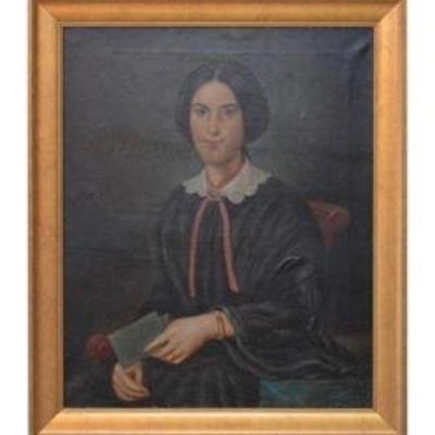 An antique late 19th-century folk oil portrait painting on canvas of a young woman by an anonymous artist. The image depicts a brunette...