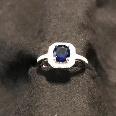 1 1/5 CARAT CREATED BLUE SAPPHIRE & 1/3 CARAT (36 PCS) FLAWLESS CREATED DIAMOND 925 STERLING SILVER HALO RING
