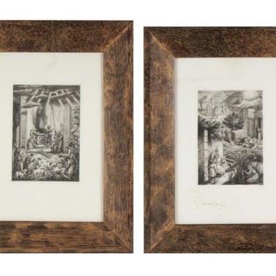 Pair of antique mystery artist signed etchings. Features figures praying at an alter, and discovering Moses. Signed in pencil lower...