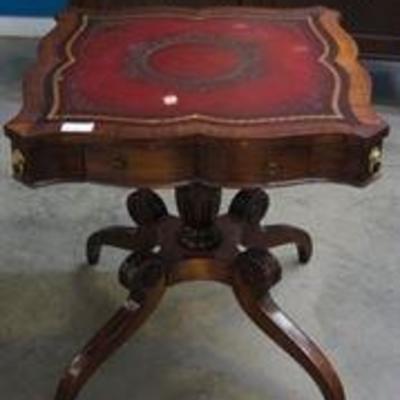 Leather Top End Table With Lion Heads

