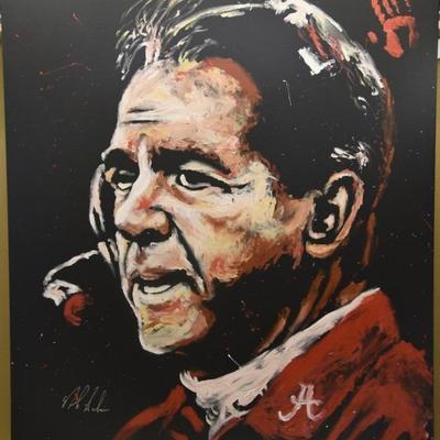 Monumental & Historic Original Painting of Nick Saban â€“ Signed with Hand Print by Saban