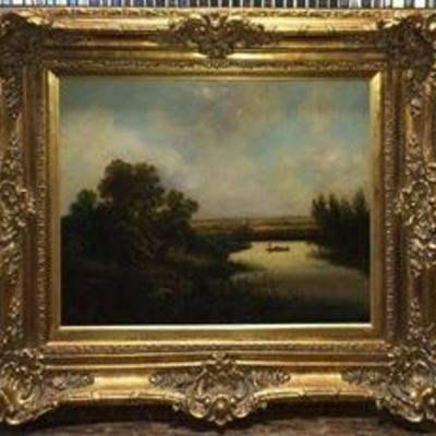 Very Large Antique Landscape Oil Painting | Oil on Canvas | Signed Illegibly in lower right of canvas | Housed in a more recent beautiful...