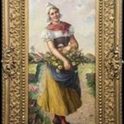 An original oil painting on canvas depicting a Dutch woman in traditional dress, gathering flowers with a windmill visible in the...