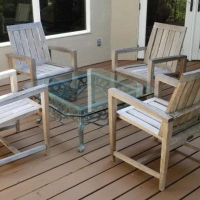 Kingsley Bate. Genuine teak chairs @ $125 each. Center glass and iron Mexican table @ $125.