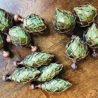 Christmas ornaments. 12 pieces. Green and gold. 3 shapes. $8.50 each, or $80 for all 12.