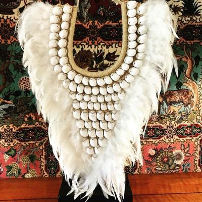 Snow white tribal feather and shell necklace. $175