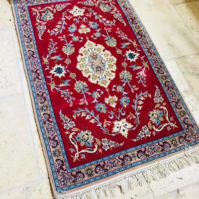 Hand woven SILK & WOOL area rug from Iran. 24" x 39". $350.