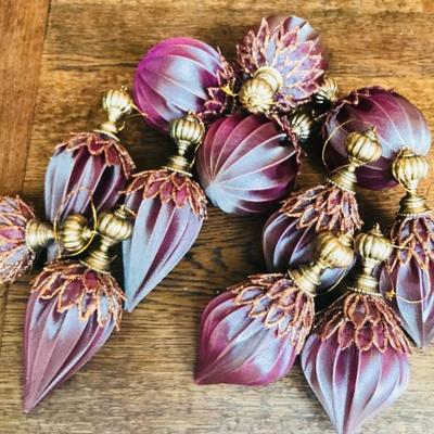 Christmas ornaments. 12 pieces. Mauve and gold. 3 shapes. $8.50 each, or $80 for all 12.