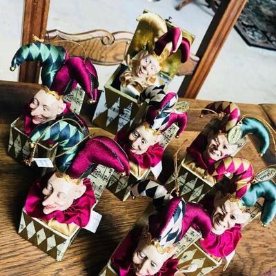 Katherine's Collection. Christmas ornaments. Jesters in box. Retired set. $20 each. Larger one in back $22.