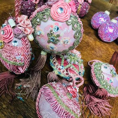 Handmade fabric ornaments with beads and tassels. $10 each.