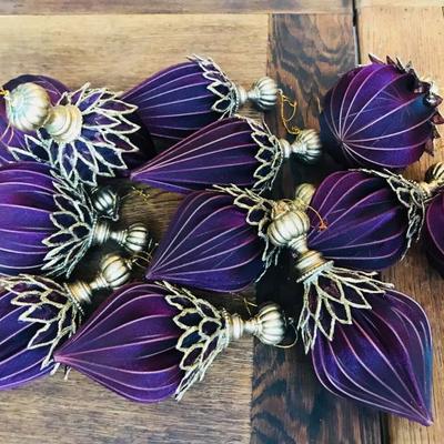 Christmas ornaments. 12 pieces. Purple and gold. 3 shapes. $8.50 each, or $80 for all 12.