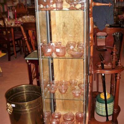 PINK DEPRESSION GLASS AND DISPLAY CABINET