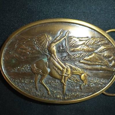 1977 Brass Belt Buckle- Indian Chief On Horse