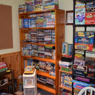Board Games, VHS Tapes, DVD's, Shelving Units