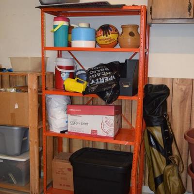 Shelving Unit, Golf Bag, Coolers, & Thermos Containers