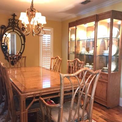 Henredon rattan/wood dining table, 6 chairs and china cabinet. Table measures 42.5
