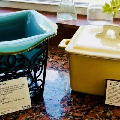 Tuscan Bakeware, Southern LIving at Home (blue) $25. Vietri Bakeware (yellow) $45.