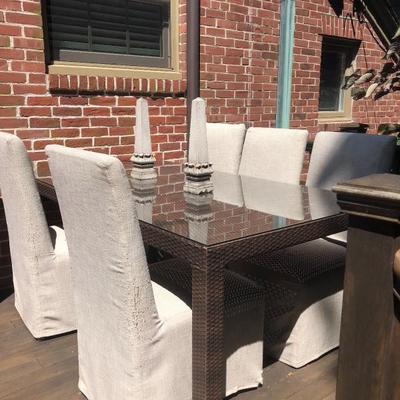 Restoration Hardware All Weather Parsons table and 5 RH Sunbrella slipcovered chairs