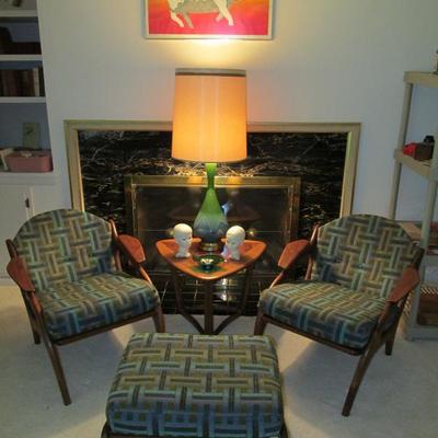 Mid-Century Lane chairs, ottoman and side table