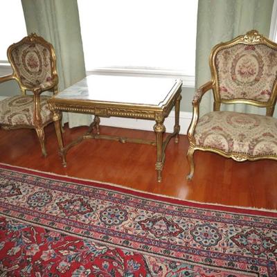Pair of Antique French Gilt wood Fauteuilles with an Antique French gilt wood Marble-Top Occasional Table