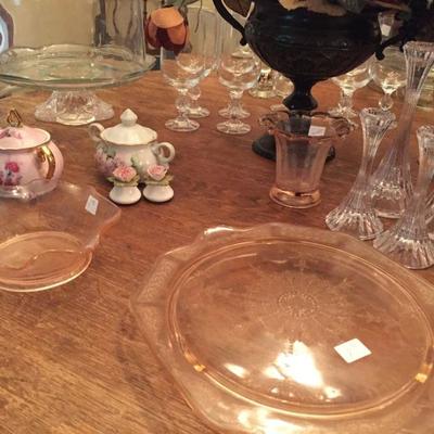 Pink depression glass serving pieces 