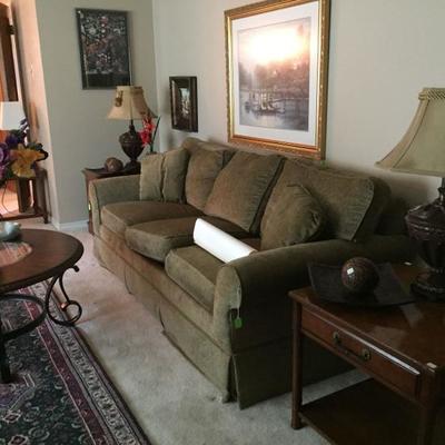 Ethan Allen sofa, end tables, runner, table lamps 