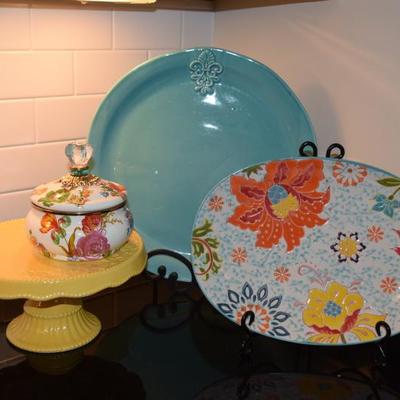 Decorative Plates, Cake Stand, & Bowl w Lid 