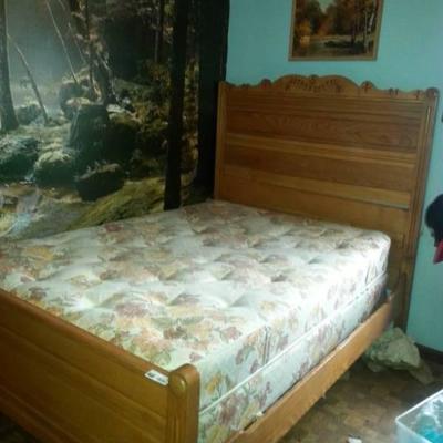Oak Queen Size Bed with mattress and box springs